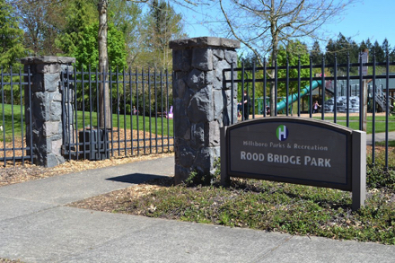 Entrance sign at Rood Bridge Park – driveway is further down road – 4000 SE Rood Bridge Road, Hillsboro
